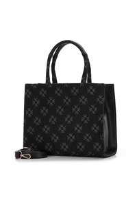 Borsa tote nera con esterno in tessuto caratterizzato da un motivo geometrico argentato, con dettagli in pelle, doppi manici e tracolla removibile.
