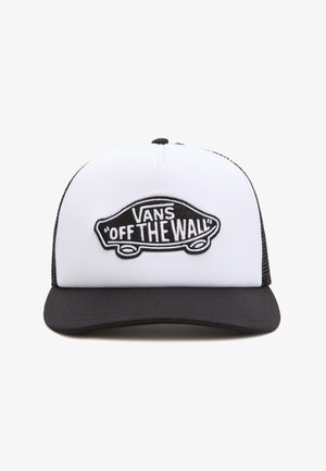 Schwarze und weiße Trucker-Mütze mit einer abgerundeten Krone, ausgestattet mit einem gestickten "VANS OFF THE WALL"-Logo auf der Vorderseite und einem flachen Schild.