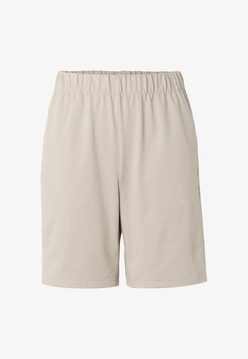 Shorts beiges à taille élastique avec une coupe droite et sans poches visibles, présentés sur fond blanc.
