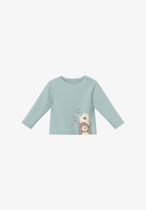 Lichtblauw long-sleeve shirt met twee berenillustraties en tekst. Heeft een ronde hals en twee drukknoopjes op de schouder. Zachte stof.