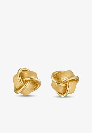 Gouden oorbellen met een gemêleerd, in elkaar grijp ontwerp met gladde en matte afwerkingen, in de vorm van een moderne knoop.