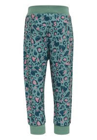 Leopardmönstrade joggers i teal med rosa och marinblå detaljer. Mjuk tyg, ribbat midjeband och mudd för en snug passform.