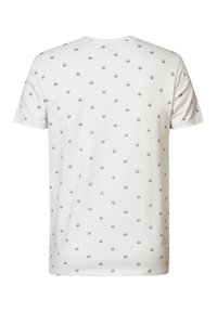 Tricou alb din bumbac cu un model repetat mic de soare și insecte în nuanțe de albastru, guler rotund, mâneci scurte și o croială lejeră.