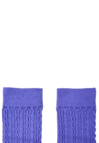 Calze scaldamuscoli viola lavorate a maglia con un motivo a trecce testurizzate e polsini a coste, realizzate in un tessuto morbido ed elastico.