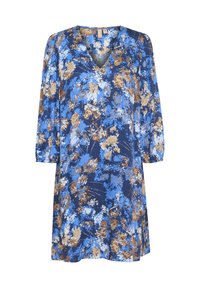 Floral jurk met V-hals, driekwartmouwen en een ruime pasvorm. Kleuren zijn blauw, bruin en beige met een blauwe achtergrond.