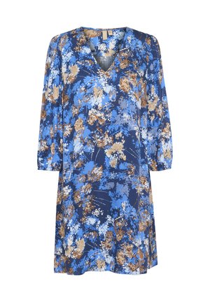 Kvetinové šaty s výstrihom do V, tromi štvrtinovými rukávmi a voľným strihom. Farby sú modrá, hnedá a béžová s modrým pozadím.