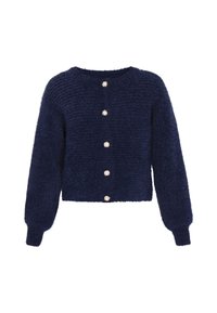 Granatowy sweter z dzianiny z długimi rękawami, miękką fakturą, okrągłym dekoltem i sześcioma guzikami przypominającymi perły z przodu. Krótki krój.