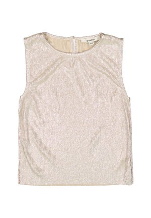 Ärmelloses Oberteil aus metallisch hellem beigen Stoff, mit vertikalen Streifen strukturiert, rundem Ausschnitt, Rückenschlitz mit Knopfverschluss, lässige Passform.