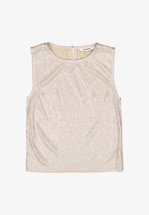 Top sin mangas, tela metálica color beige claro, texturizada con rayas verticales, escote redondo, cierre en la espalda con abertura en forma de gota, ajuste informal.