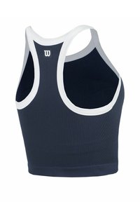 Top corto atlético de color azul marino con diseño de espalda de nadador, que presenta una textura acanalada y un ribete blanco a lo largo del escote y las sisas.