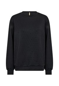 Black long-sleeve sweatshirt with round neckline, textured surface featuring small sequins, and fitted cuffs at the wrists and hem.