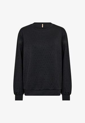 Schwarzes Sweatshirt mit langen Ärmeln und rundem Halsausschnitt, strukturierte Oberfläche mit kleinen Pailletten und enganliegenden Bündchen an Handgelenken und Saum.