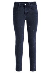 Jeans skinny azul marino con cintura de media altura, que cuentan con adornos dispersos de rhinestones y un diseño clásico de cinco bolsillos.