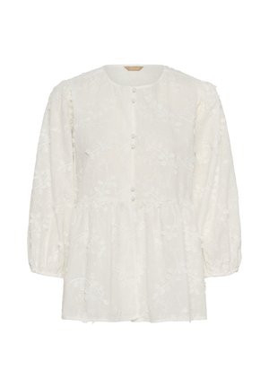 Blouse blanche à manches longues avec broderie florale, encolure ronde, boutons recouverts de tissu sur le devant et taille froncée pour une coupe ample.