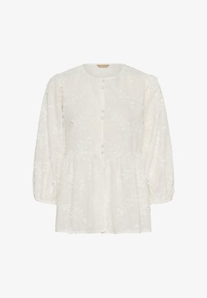 Bijela bluza s dugim rukavima s cvjetnim vezenjem, okruglim izrezom, prednjim gumbima presvučenim tkaninom i skupljenim strukom za ležeran kroj.