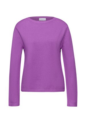 Lila langärmliger Strickpullover mit runder Ausschnitt, gerippten Bündchen und glatter Textur. Es sind keine Muster oder zusätzlichen Details vorhanden.