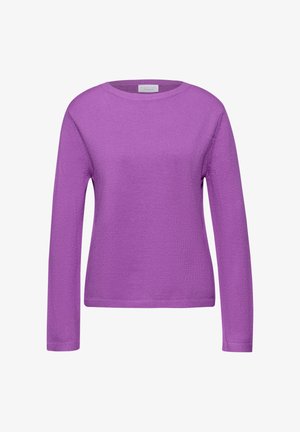 Lilla langærmet striktrøje med rund hals, ribbede manchetter og en glat tekstur. Ingen mønstre eller yderligere detaljer er til stede.