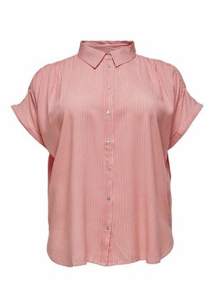 Rot-weiß gestreiftes Kurzarm-Hemd mit Knopfleiste und Kragen, mit lockerer Passform und glatter Stoffstruktur.