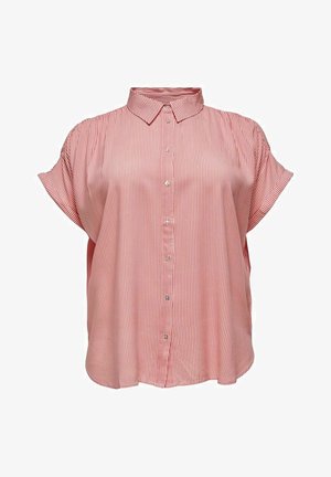 Chemise à manches courtes boutonnée col rabattu rayée rouge et blanche, présentant une coupe décontractée et une texture de tissu lisse.