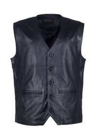 Schwarze Lederweste mit V-Ausschnitt, sechs Knöpfen an der Vorderseite, zwei vorderen Taschen und einer glatten, glänzenden Oberfläche.