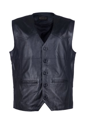 Schwarze Lederweste mit V-Ausschnitt, sechs Knöpfen an der Vorderseite, zwei vorderen Taschen und einer glatten, glänzenden Oberfläche.
