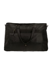 Grote zwarte leren tote bag met twee handvatten bovenaan, voorzak met rits en magnetische sluiting. Textuurafwerking en eenvoudig ontwerp.