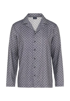 Heren overhemd met lange mouwen in een donkergrijze stof met een geometrisch patroon, knoopsluiting aan de voorkant en een klassieke kraag.