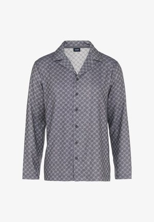 Heren overhemd met lange mouwen in een donkergrijze stof met een geometrisch patroon, knoopsluiting aan de voorkant en een klassieke kraag.