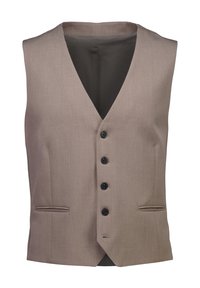 Μπεζ γιλέκο με V-λαιμόκοψη, πέντε μαύρα κουμπιά και δύο εμπρόσθιες τσέπες. Κατασκευασμένο από ομαλό ύφασμα με εφαρμοστή γραμμή.