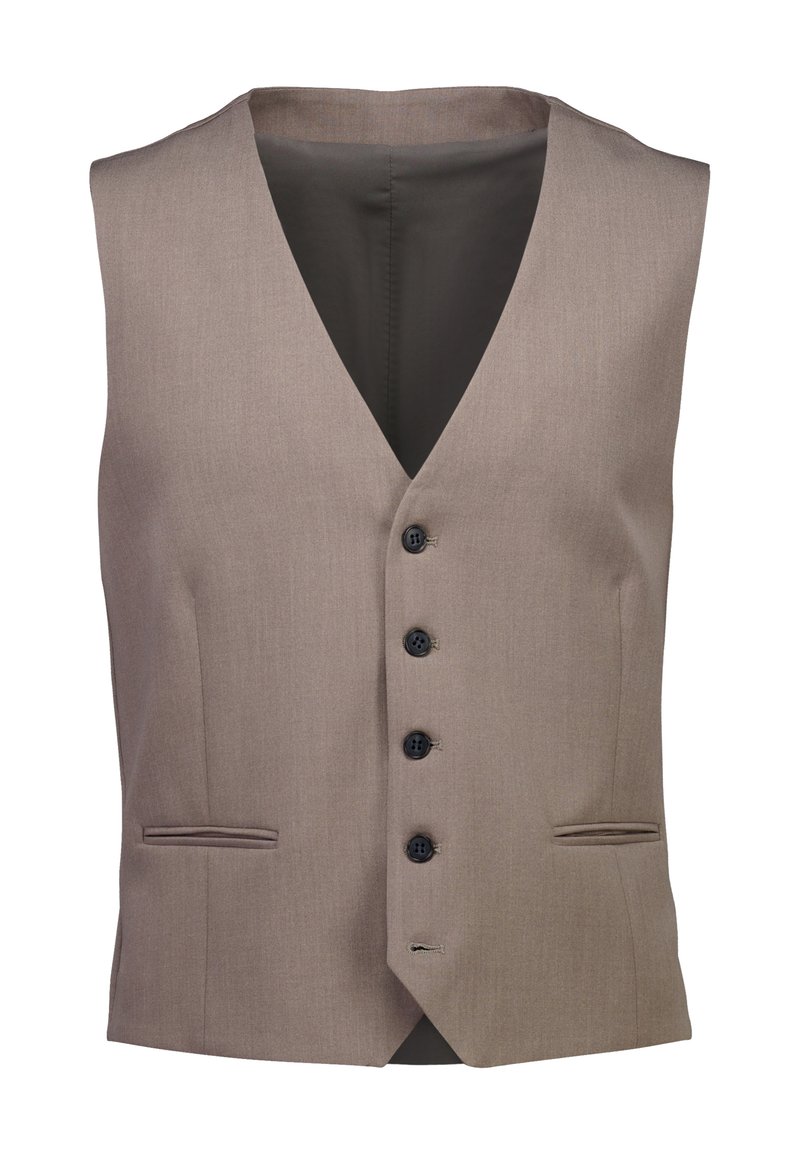 Μπεζ γιλέκο με V-λαιμόκοψη, πέντε μαύρα κουμπιά και δύο εμπρόσθιες τσέπες. Κατασκευασμένο από ομαλό ύφασμα με εφαρμοστή γραμμή.