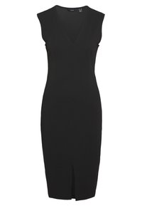 Svart ärmlös klänning med V-ringning, en figursydd silhuett och en framklint för enkel rörelse. Tillverkad av ett slätt material.