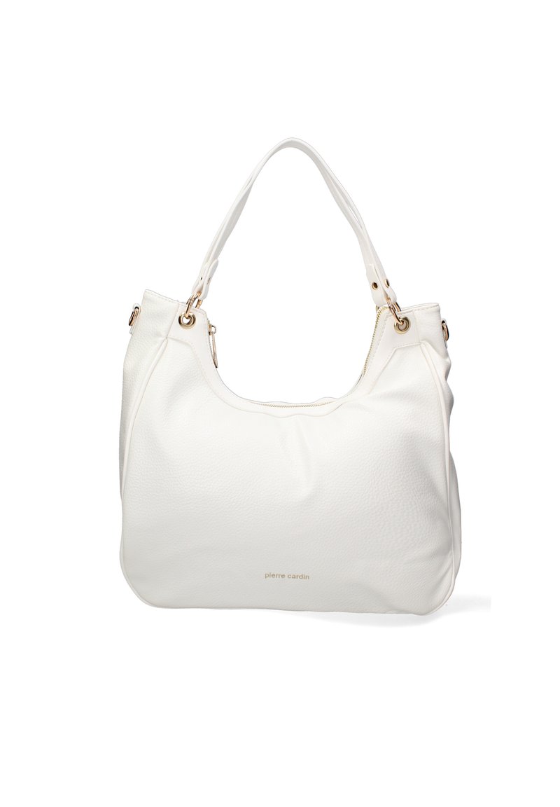 Witte leren handtas met een slungelige ontwerp, zachte textuur en goudkleurige hardware accenten. Voorzien van dubbele schouderbanden en een ritsluiting.