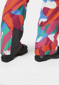 Pantalones de esquí coloridos con un bold patrón abstracto en rojo, verde, azul y blanco. Incluyen detalles negros y son compatibles con botas de alta tracción.