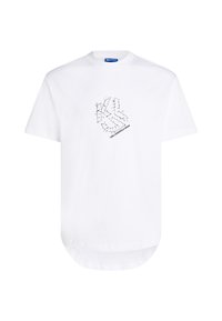 Balta medvilnė marškinėliai su grafiniu dizainu, kuriame yra užrašai "KL" ir "Karl Lagerfeld Jeans" juoda spalva. Suapvalintas hem, trumpomis rankovėmis.