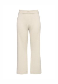 Beige cropped pantalon met een gladde, zachte textuur. Heeft een elastische tailleband en een recht model, zonder zakken of versieringen.