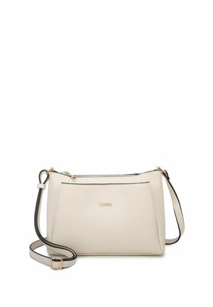 Cream leather crossbody bag with black trim, zipper closure, and gold logo. Features an adjustable strap and a front pocket.