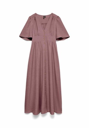 Robe midi mauve à boutons, manches courtes volantées, encolure en V, taille cintrée et tissu texturé sur fond blanc.