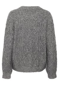 Grau gestrickter Pullover mit einem strukturierten Rautenmuster, rundem Ausschnitt und langen Ärmeln. Verfügt über gerippte Bündchen und Saum.