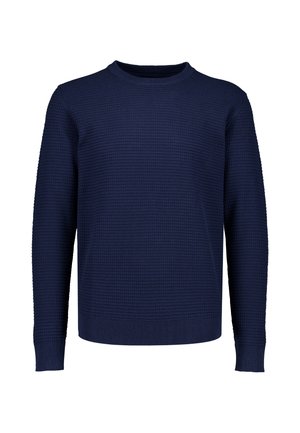 Granatowy sweter z długim rękawem z teksturowanym wzorem w kratę, prążkowanym okrągłym dekoltem, mankietami i brzegiem.