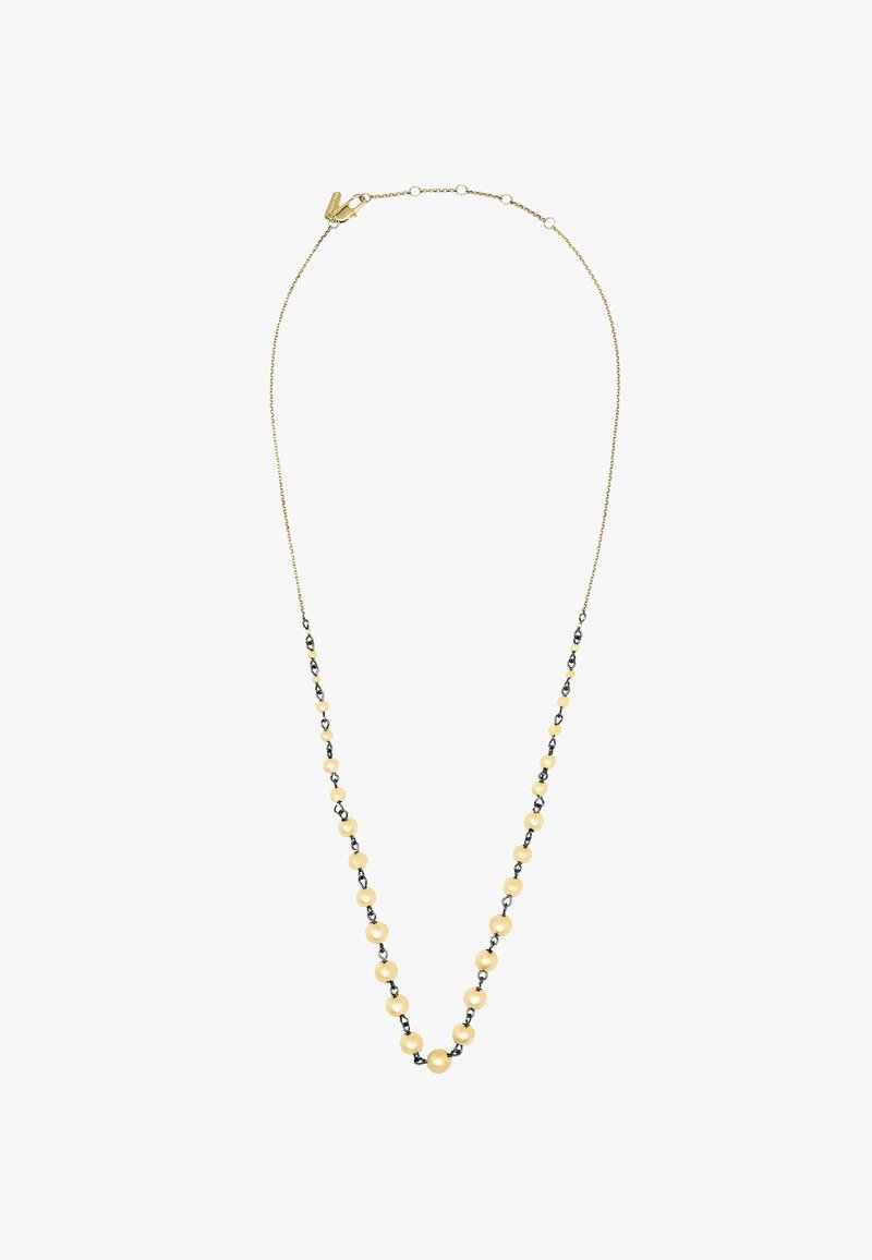 Collier délicat en chaîne d'or avec des perles petites alternées en or et noir, doté d'une fermeture à mousqueton.