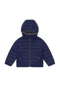 Marinblå puffjacka med huva, frontdragkedja, elastiska manschetter och två knappade fickor. Har en quiltad design och ljusgrå foder.