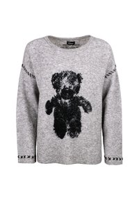 Grauer Pullover mit einem schwarzen Teddybär-Motiv auf der Vorderseite. Verfügt über Nähedetails an den Ärmeln und einen weiten Ausschnitt. Leichte Textur.