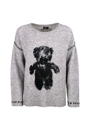 Gray sweater with a black teddy bear graphic on the front. Features stitching details on the sleeves and a wide neckline. Lightweight texture.