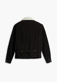 Black corduroy jacket with a cream sherpa collar, back tie detail, and snap buttons on the cuffs; sturdy texture and structured fit.