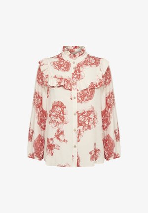Balta bluzelė su raudonu gėlių raštu, raukšlėtu apykakle, mygtukų uždarymu priekyje ir ilgomis rankovėmis. Lengvas audinys su tekstūruotu paviršiumi.