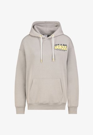 Hellgraue Kapuzenjacke aus Baumwollmischung, mit Kängurutasche, gerippten Bündchen und einem großen Grafikdruck auf der Brust in Gelb und Schwarz.
