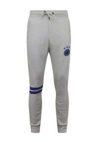 Grijze joggingbroek met een tailleband met trekkoord, blauwe accenten aan de kuit en een blauw logo met sterren. Gemaakt van een katoenmengsel.