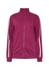 Chaqueta de chándal magenta con cremallera, cuello alto y rayas blancas que recorren ambas mangas, puños y dobladillo acanalados.