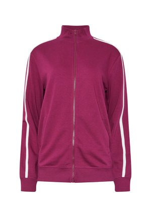 Magenta värinen vetoketjullinen treenitakki, jossa on korkea kaulus ja valkoiset raidat molemmilla hihoilla, sekä ribbireunat hihansuissa ja helmassa.