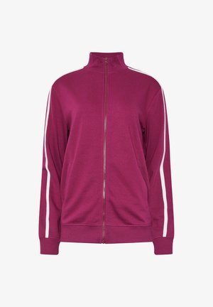 Giacca a track con zip magenta, colletto alto e strisce bianche che scorrono lungo entrambe le maniche, polsini e orlo a coste.